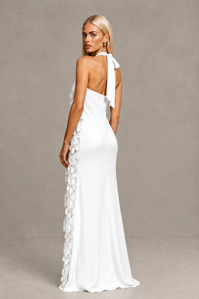 BOLODOO White Cross Halter Neck 3D Floral Appliqué Backless Mermaid Maxi Gown 
