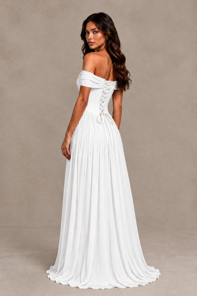 BOLODOO White Off-Shoulder Sweetheart Corset Pleated Chiffon Maxi Dress 