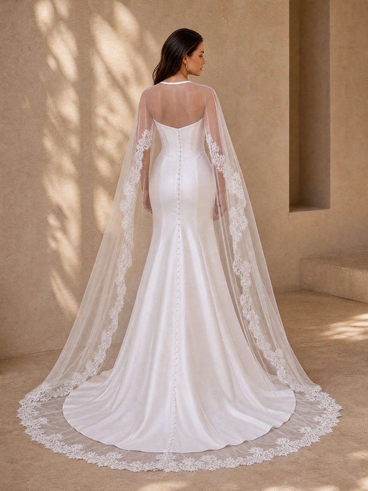 BOLODOO Floral Lace Trim Sheer Bridal Cape Cathedral Length Wedding Cloak 