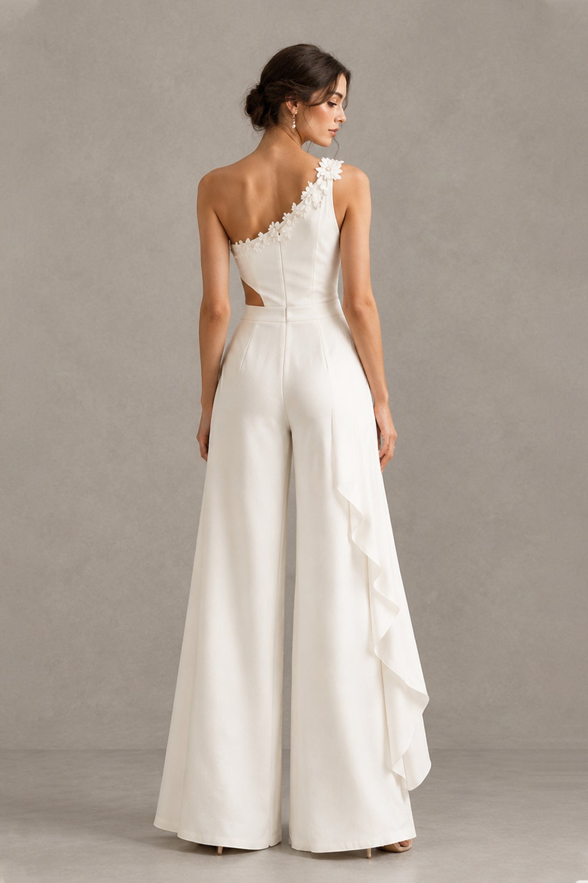 Back view of BOLODOO QQ082 white bridal jumpsuit with asymmetric neckline and wide legs