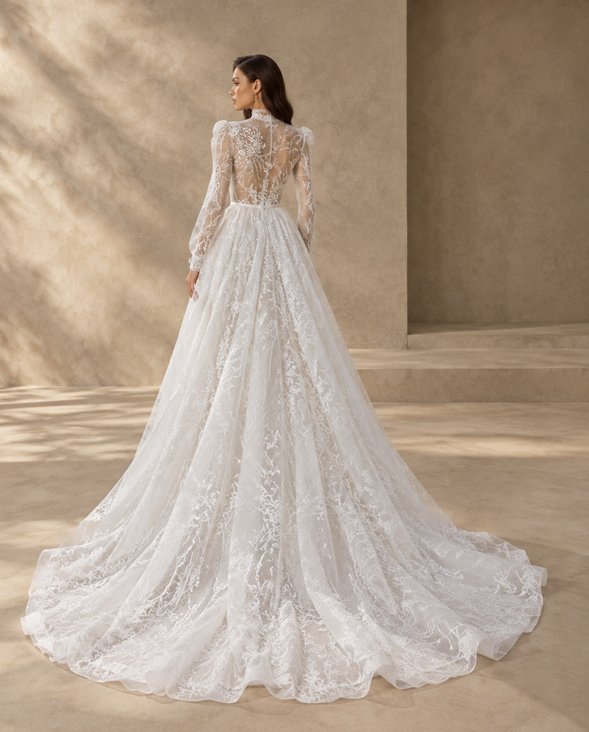 BOLODOO White High Neck Long Sleeve Lace A-Line Wedding Dress with Train 