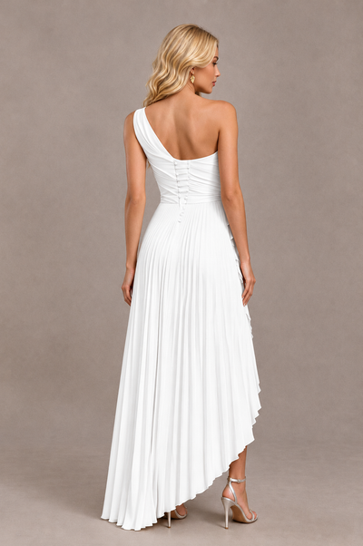 BOLODOO White One-Shoulder High-Low Ruffle Maxi Dress 