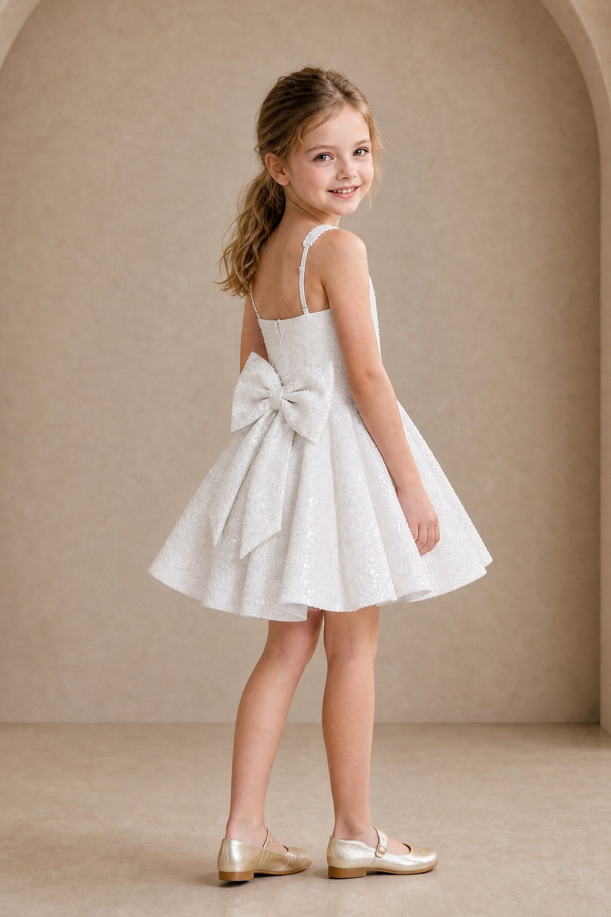 BOLODOO white flower girl dress with sleeveless square neckline and knee-length sparkle skirt, front view