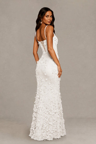BOLODOO White Sequin 3D Floral Mermaid Maxi Gown – Lace-Up Back Formal Dress 