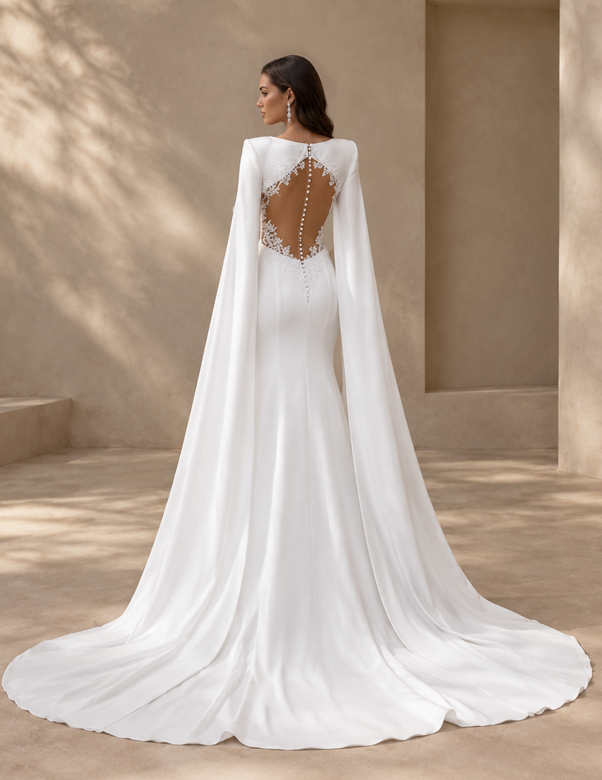 BOLODOO White Cape Sleeve Wedding Dress with Lace-Trim Open Back 