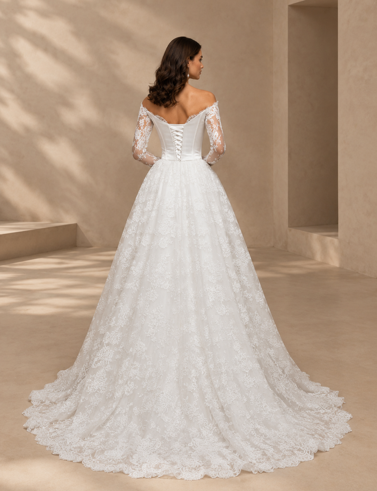 BOLODOO White Off-the-Shoulder Long Sleeve Lace A-Line Wedding Dress 