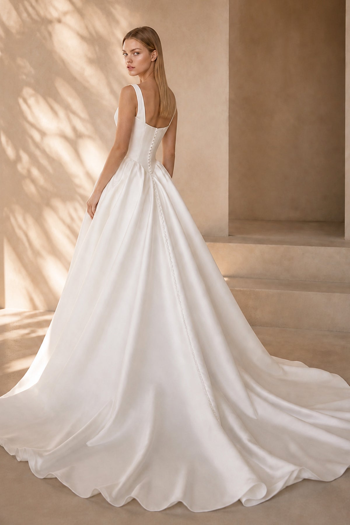 BOLODOO White Square Neck Satin A-Line Bridal Ball Gown with Wide Straps & Open Back 