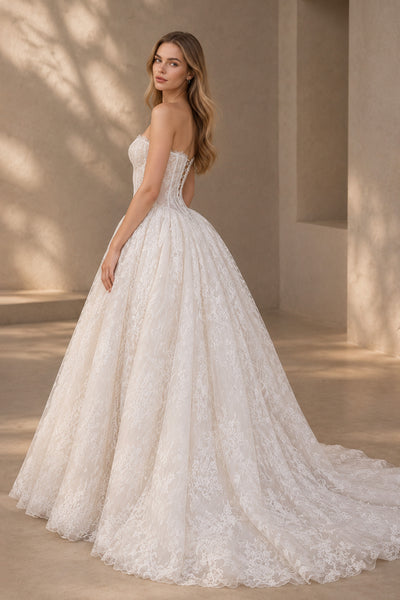 BOLODOO lace ball gown wedding dress - back view showing lace-up corset
