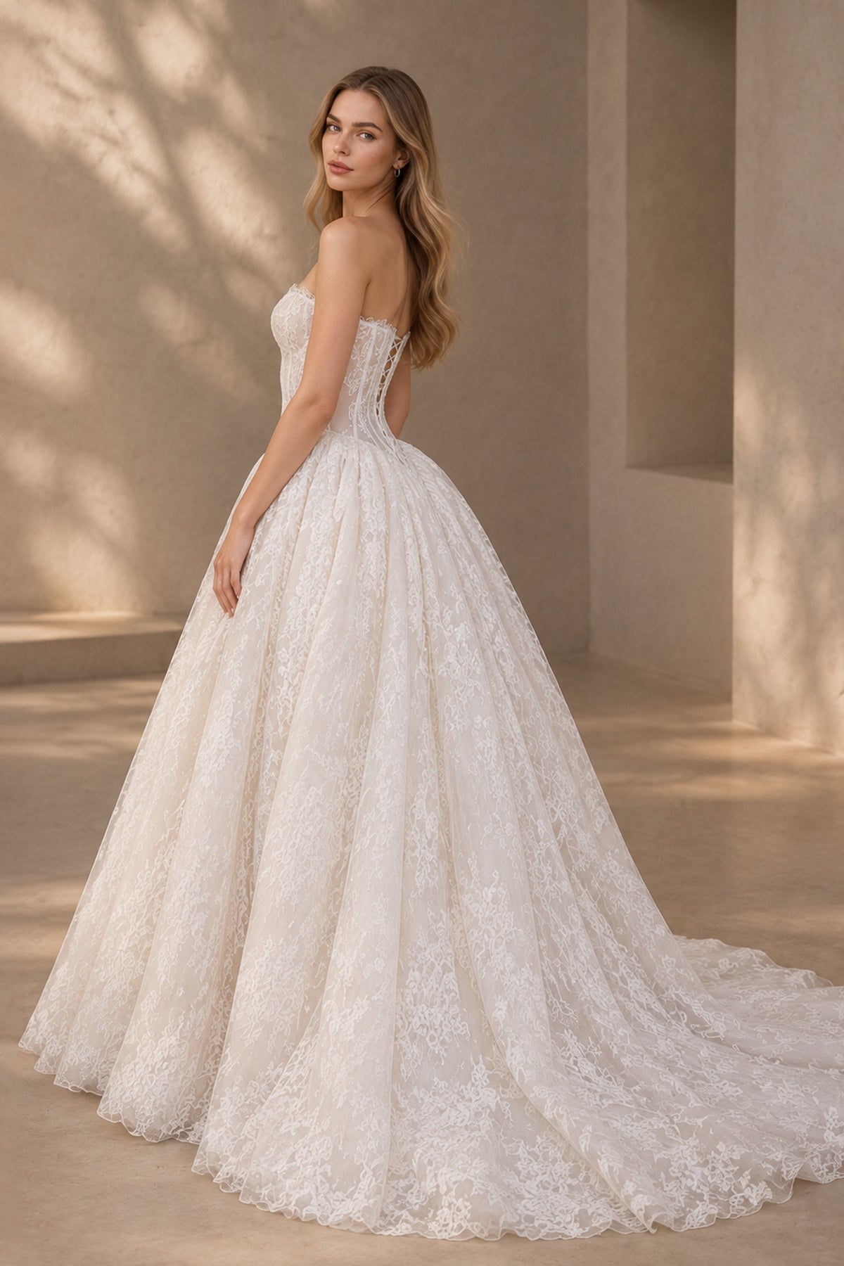 BOLODOO lace ball gown wedding dress - back view showing lace-up corset