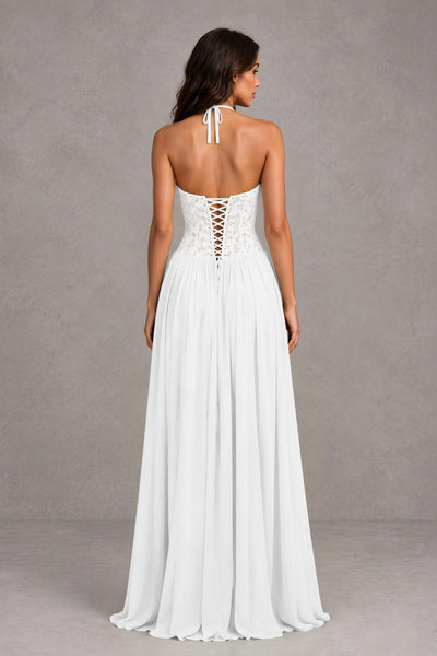 BOLODOO White Lace Corset Halter Maxi Gown – Backless A-Line Formal Dress 