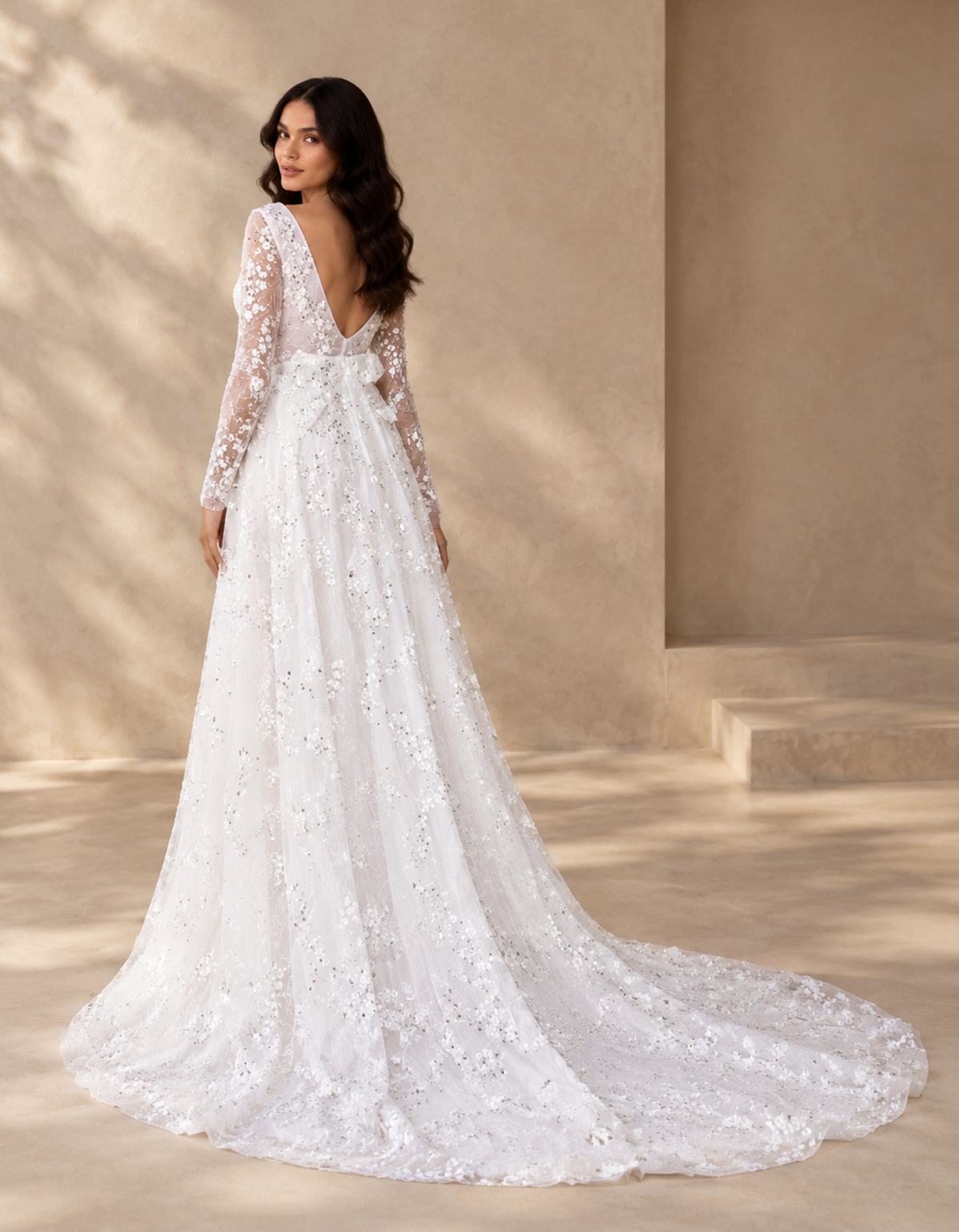 BOLODOO White Floral Lace Long Sleeve A-Line Wedding Dress with V-Back and Train 