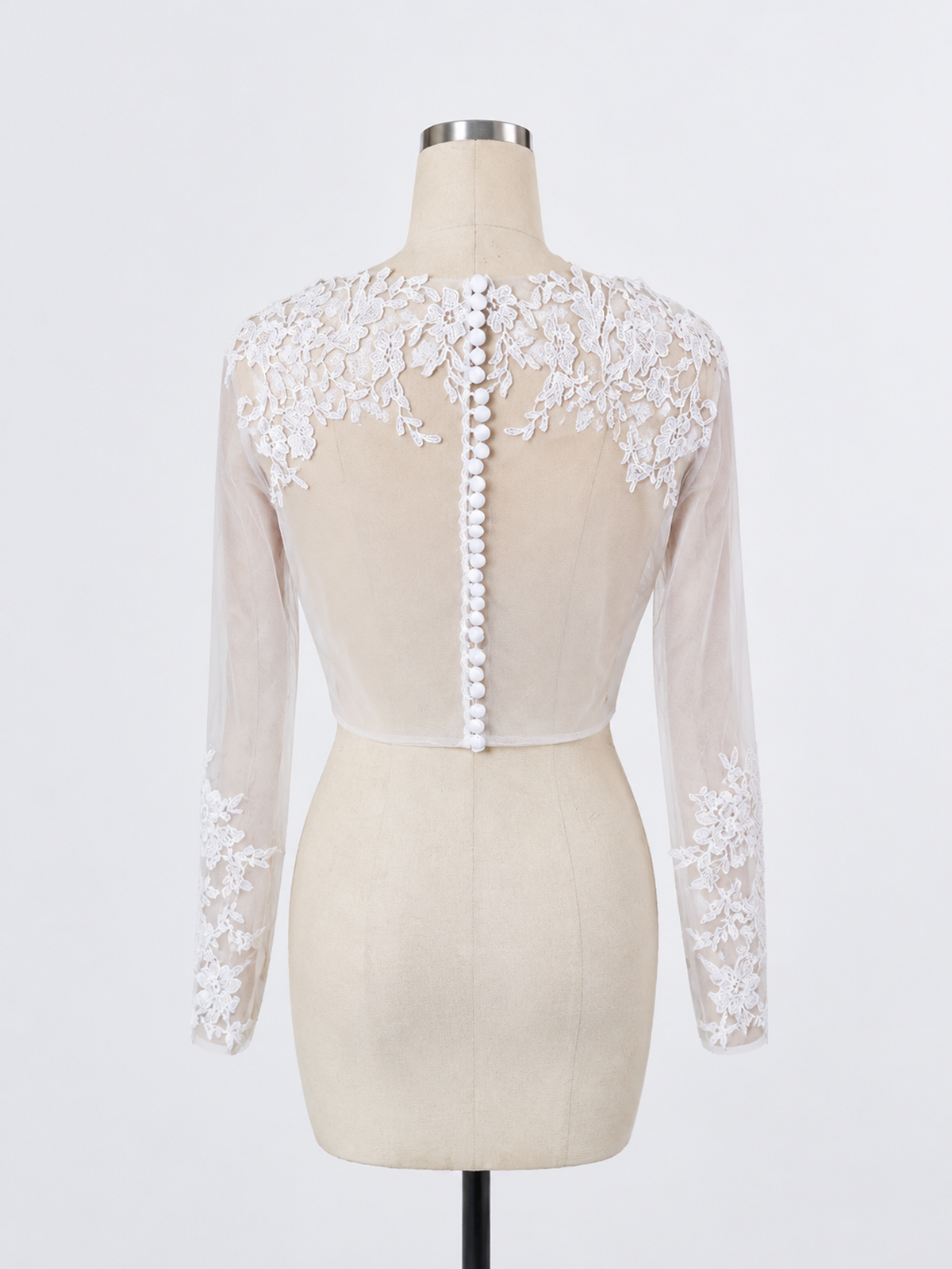 BOLODOO White Floral Lace Long Sleeve Bridal Top with Button Back 