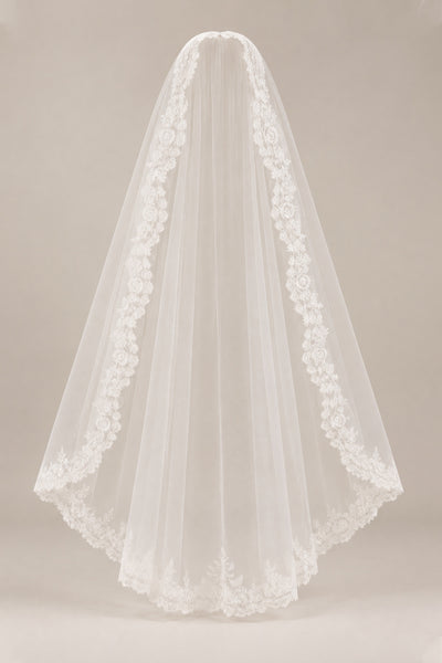 White tulle wedding veil QQ083 showing its full curved shape and floral lace border