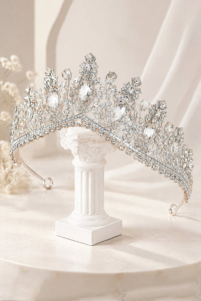 Angled view of BOLODOO QQ066 tiara with ornate scrollwork and curved band
