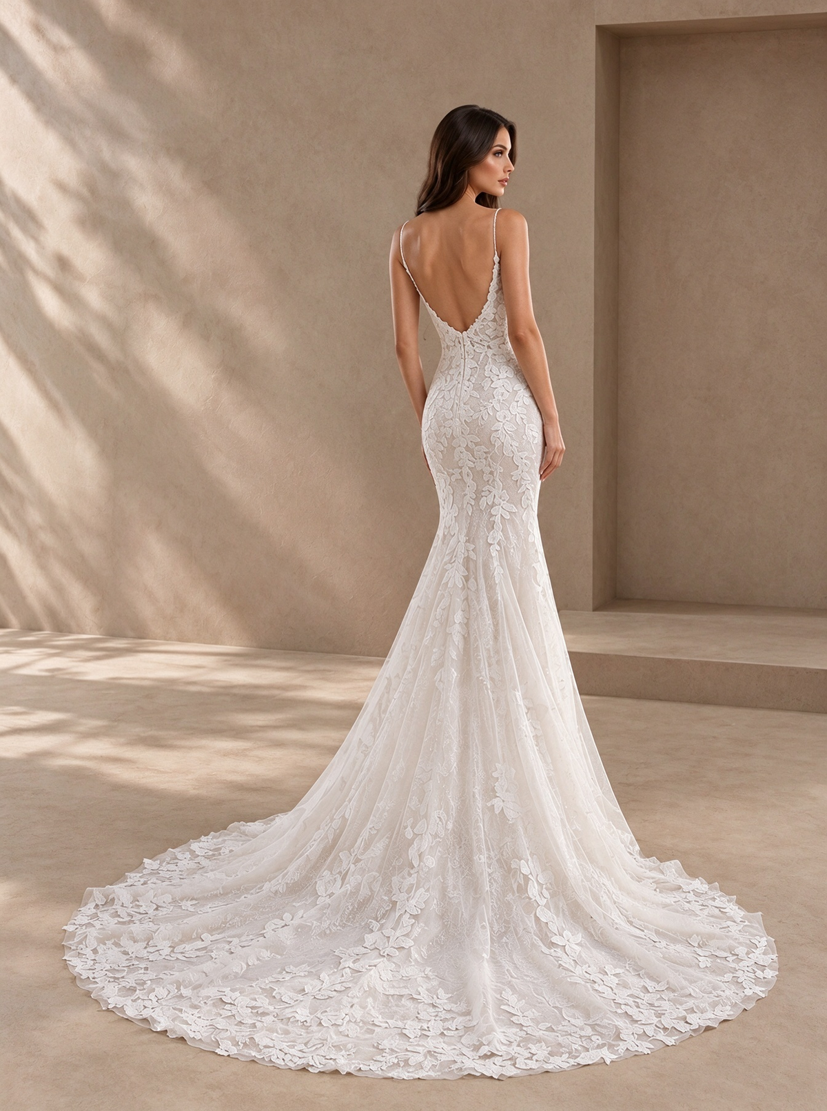 BOLODOO White Floral Lace Mermaid Wedding Dress with Open Back 