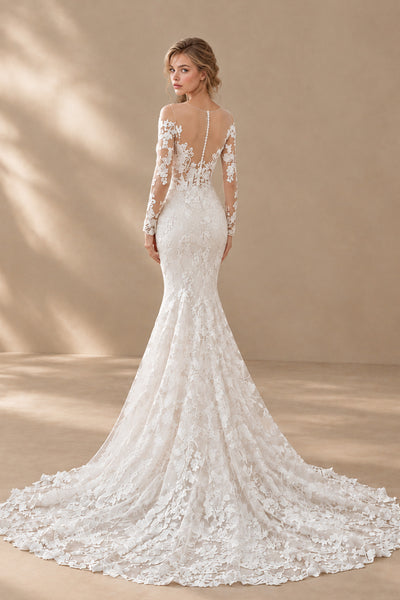 BOLODOO XX053 wedding dress, rear view showing mesh-covered illusion button back and long floral lace train