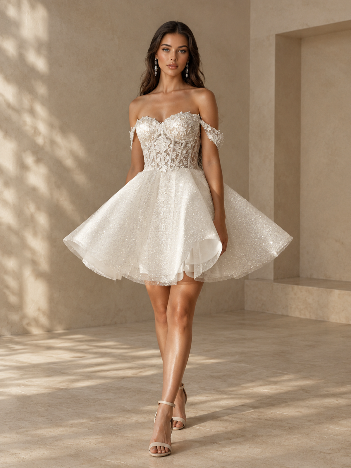 BOLODOO 2-in-1 Off-Shoulder Lace Mini Wedding Dress with Detachable Sophia Overskirt 