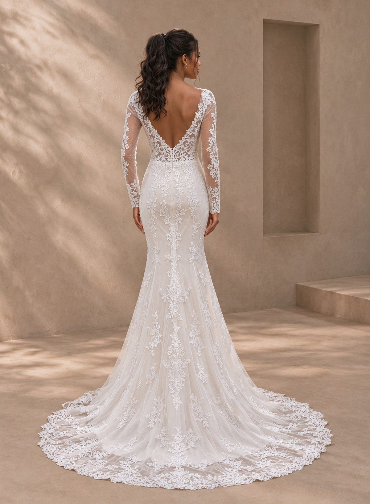 BOLODOO White Long Sleeve Lace Mermaid Wedding Dress with Open Back 