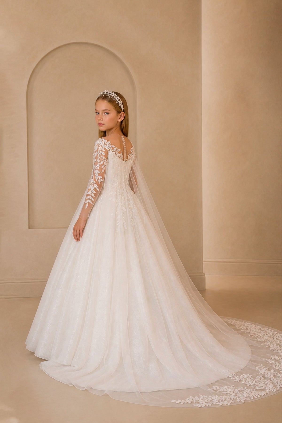 BOLODOO Girls White Illusion Long Sleeve Lace Ball Gown Back View – Illusion Open Back and Cathedral Lace Trim Train