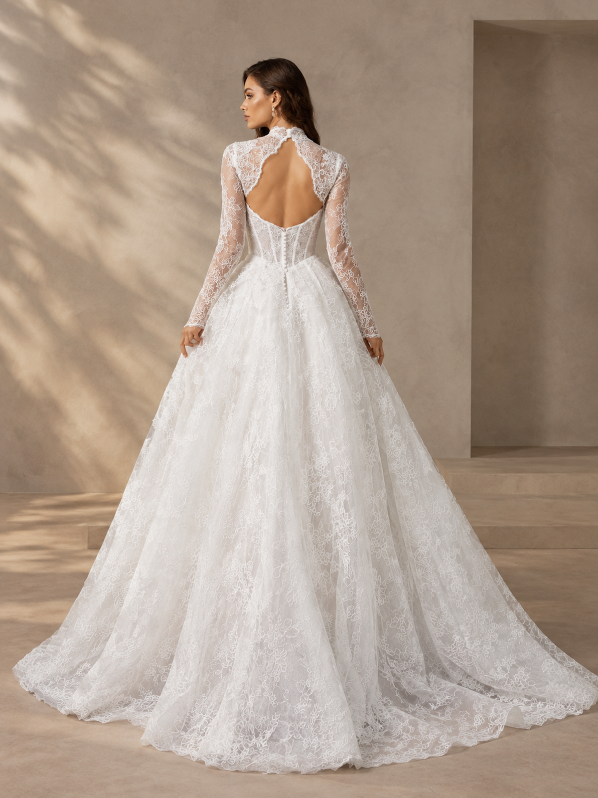 BOLODOO SUC003 white lace wedding dress, back view showing keyhole open back and flowing train