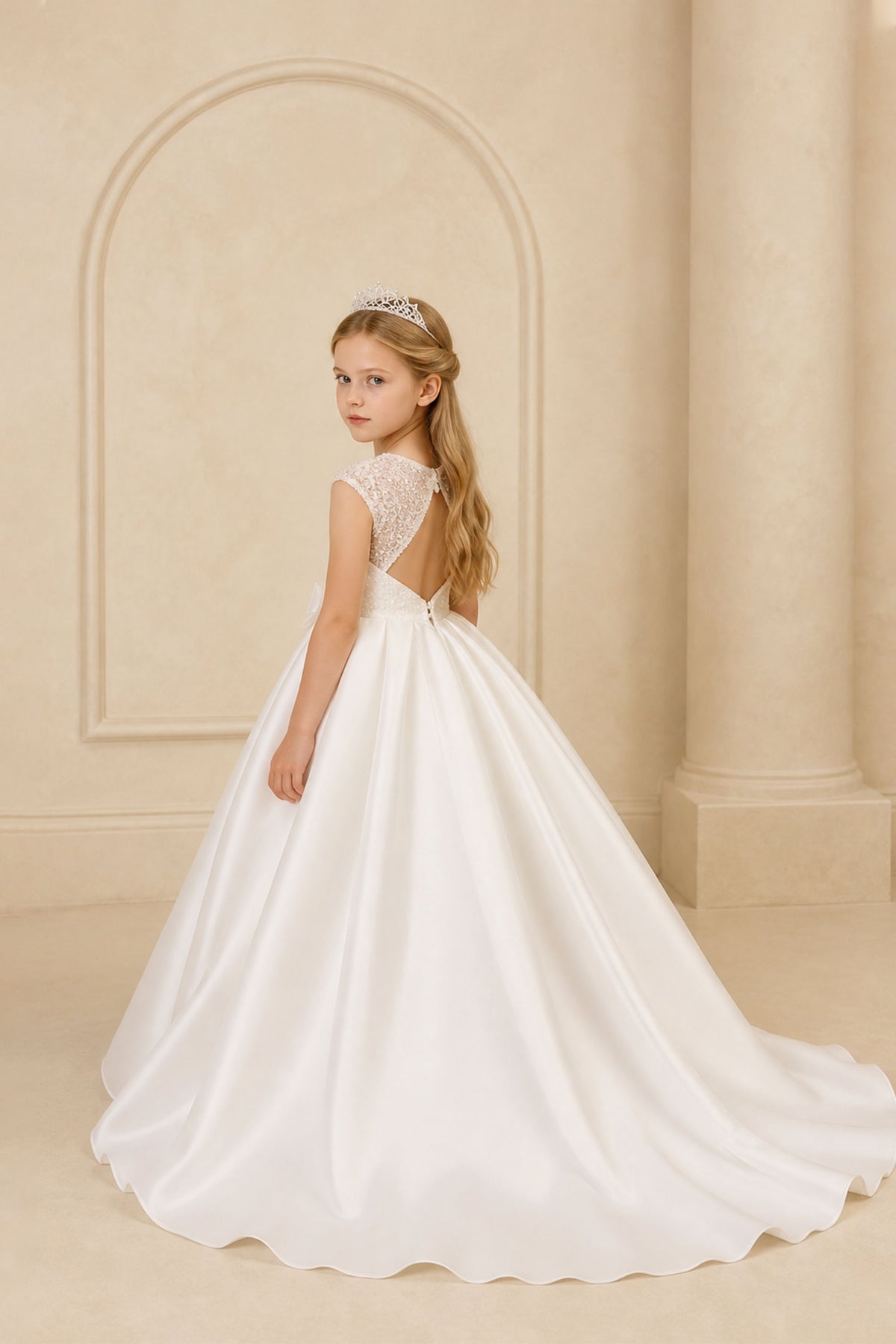 BOLODOO Girls White Satin Ball Gown Open Keyhole Back View – Lace Back Detail and Chapel Train