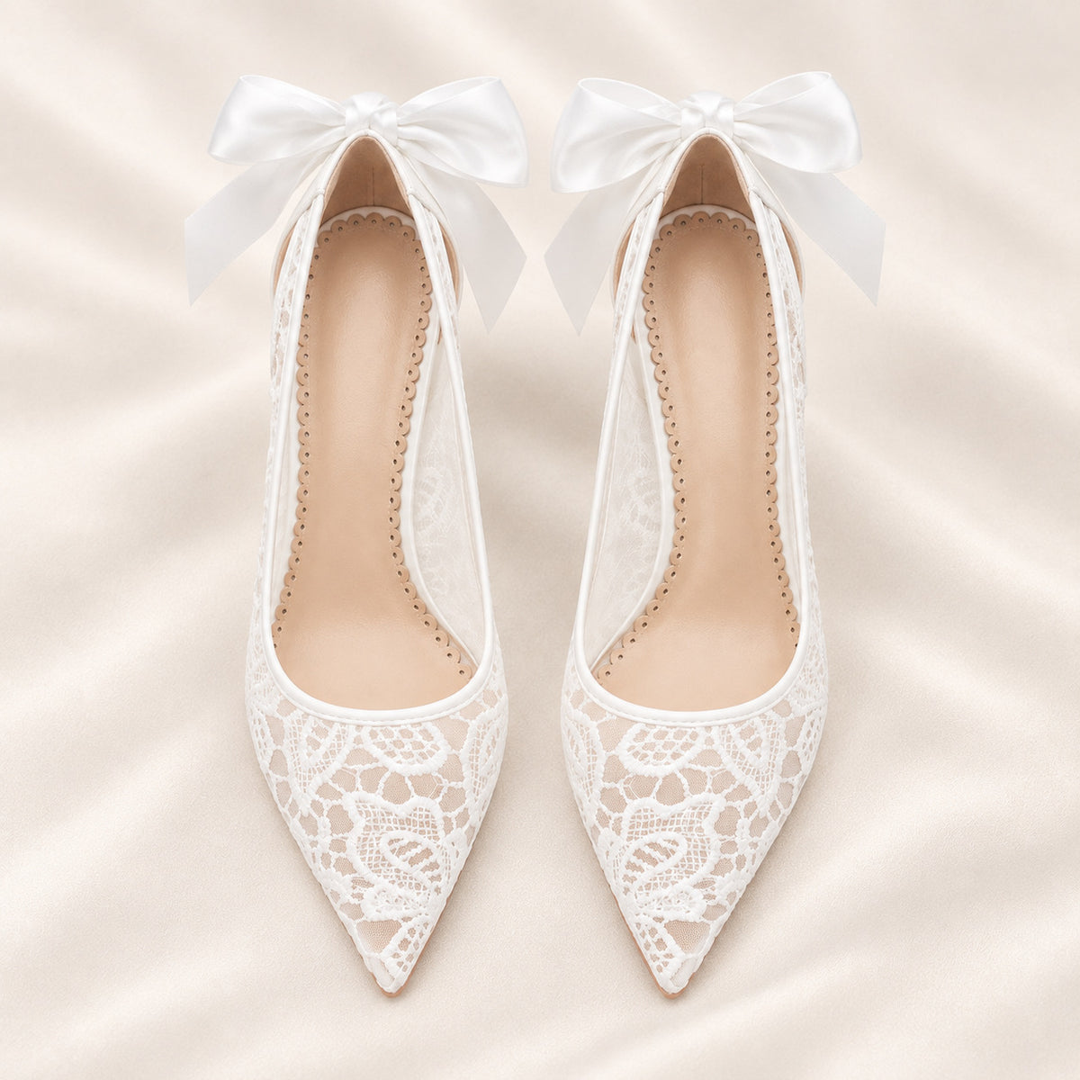 BOLODOO White Lace Bridal Heels with Bow and Pointed Toe 
