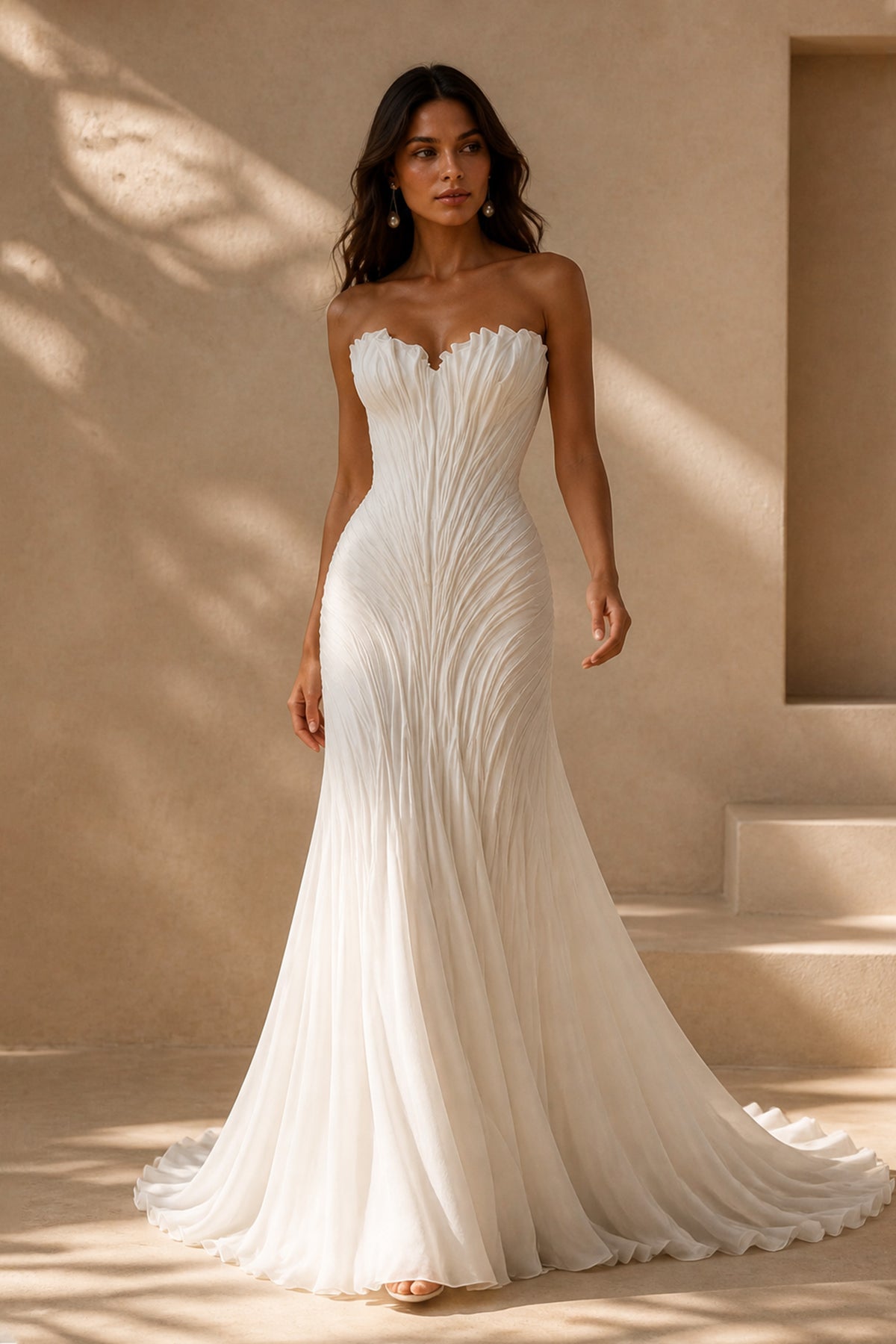 BOLODOO white scalloped sweetheart gown - three-quarter view showing fitted waist and flared skirt with pleated texture