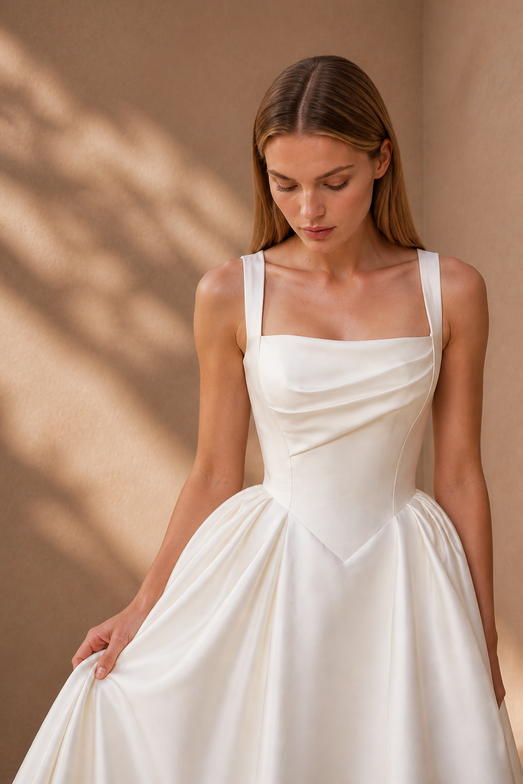 BOLODOO white satin A-line wedding dress - rear view showing low open back with button closure and dramatic chapel train sweep