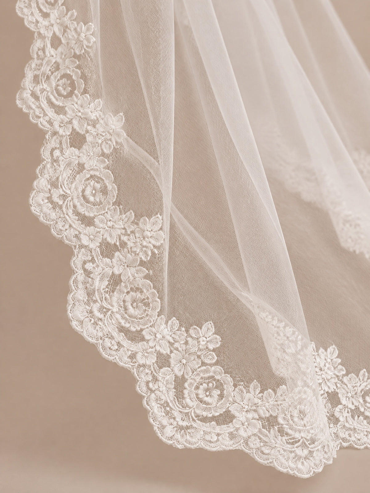 Rear view of BOLODOO QQ083 white lace-trim bridal veil over a wedding dress