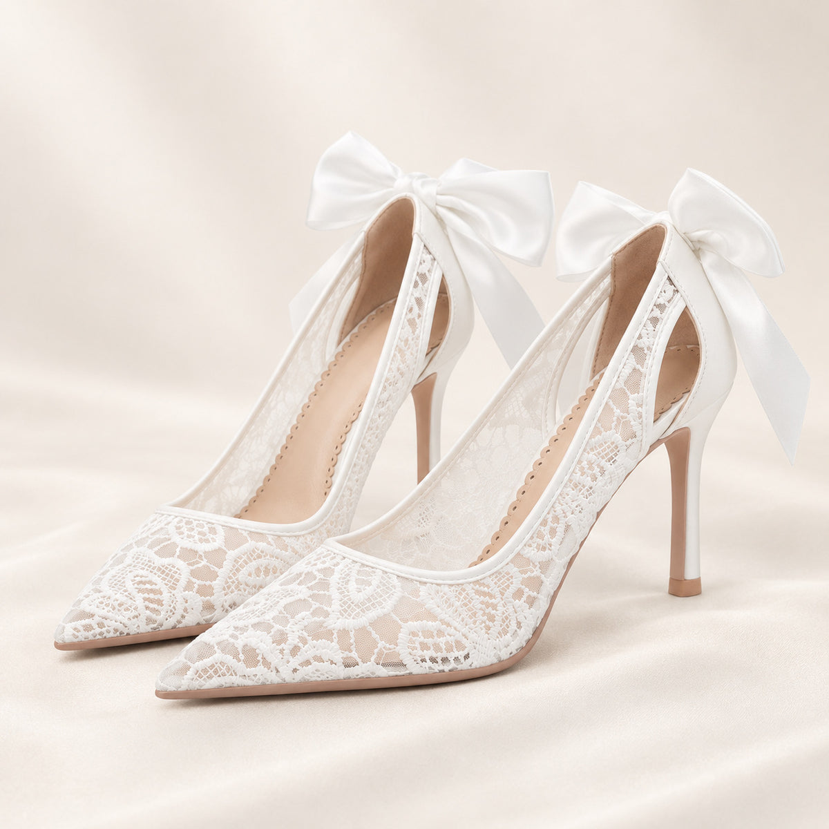 BOLODOO White Lace Bridal Heels with Bow and Pointed Toe 