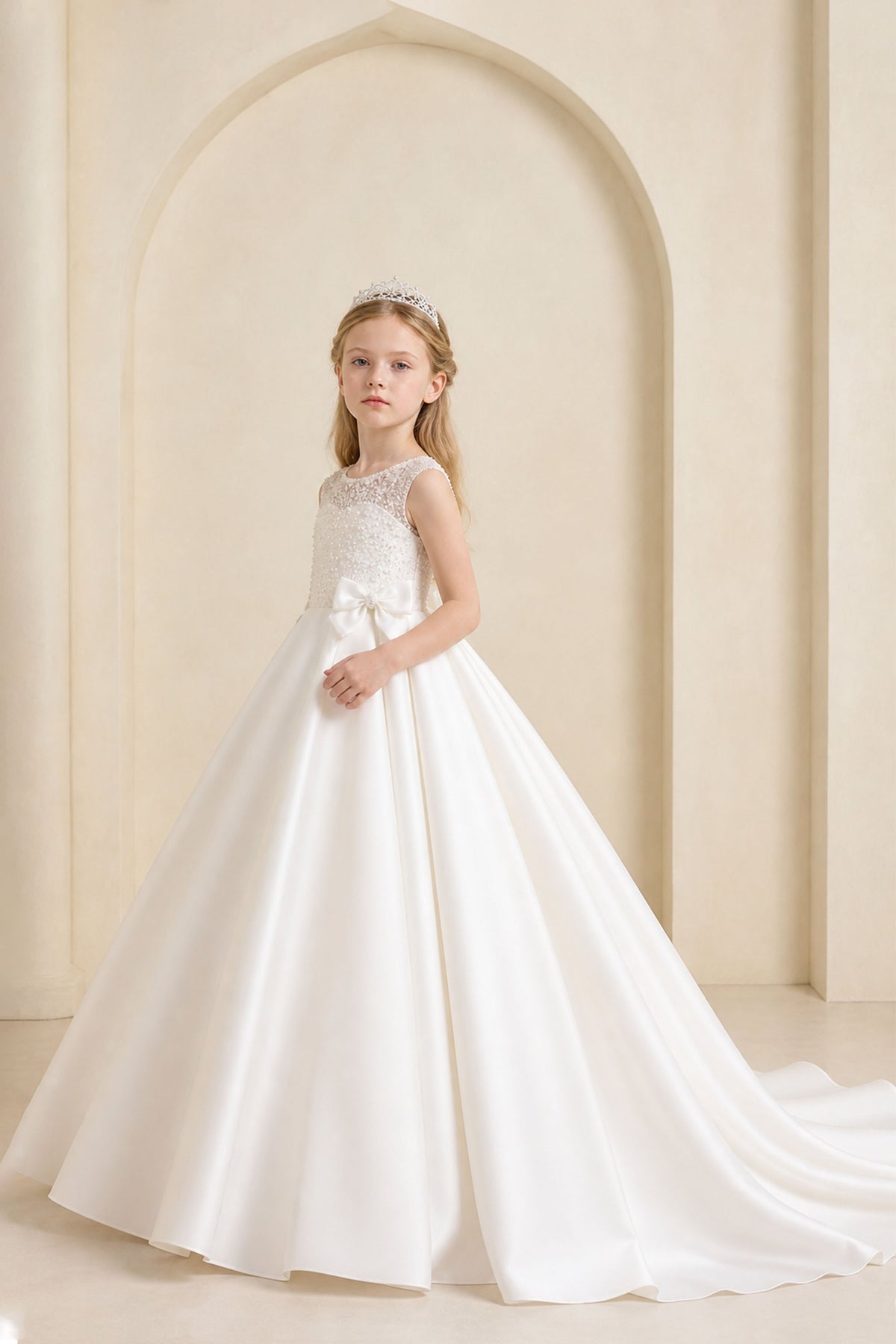 BOLODOO Girls White Satin Ball Gown Flower Girl Dress Side View – Full A-Line Silhouette and Sweep Train