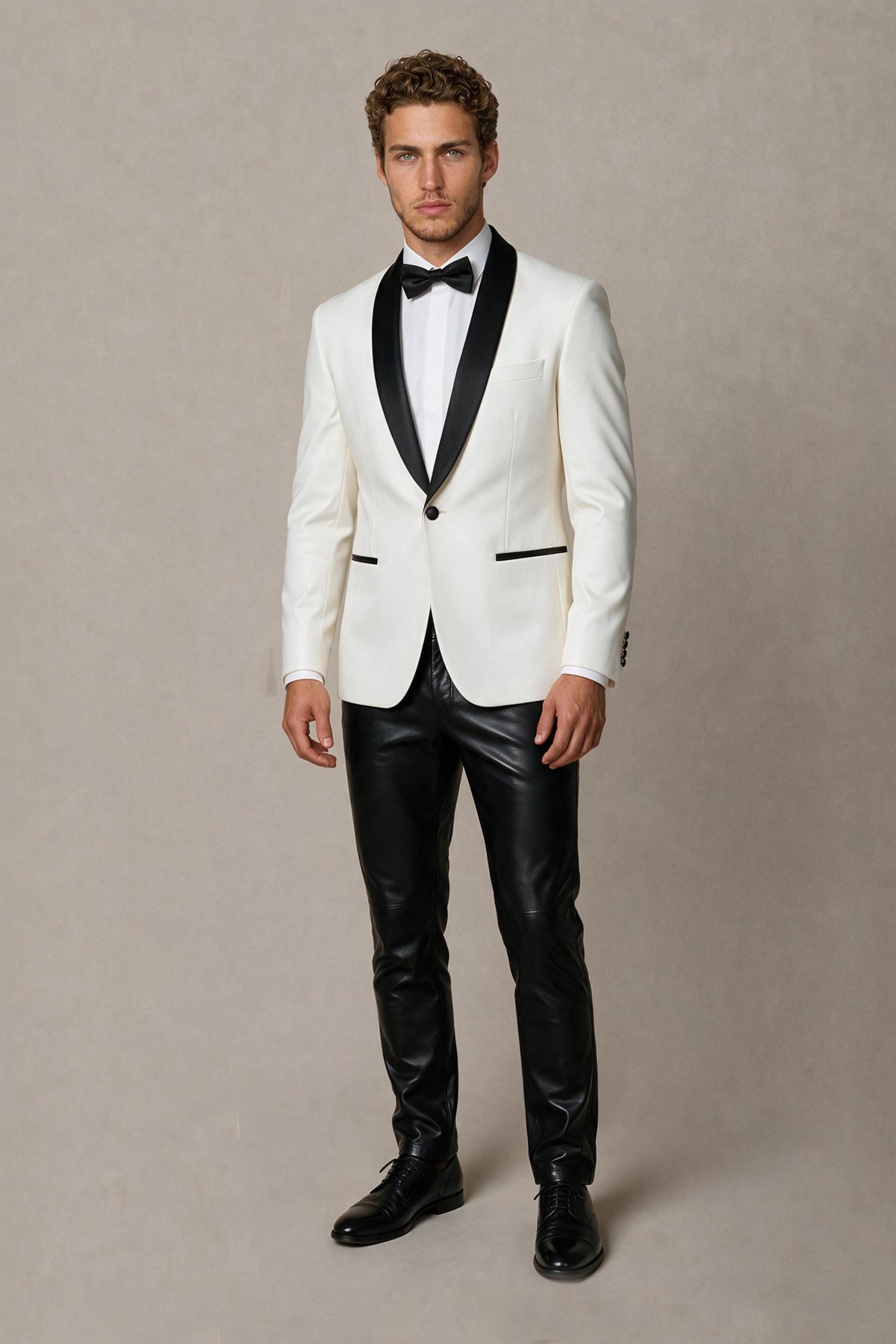 BOLODOO Men's Ivory Tuxedo Blazer FQ0035 - back three-quarter view showing slim tailored silhouette and black button cuff sleeve detail