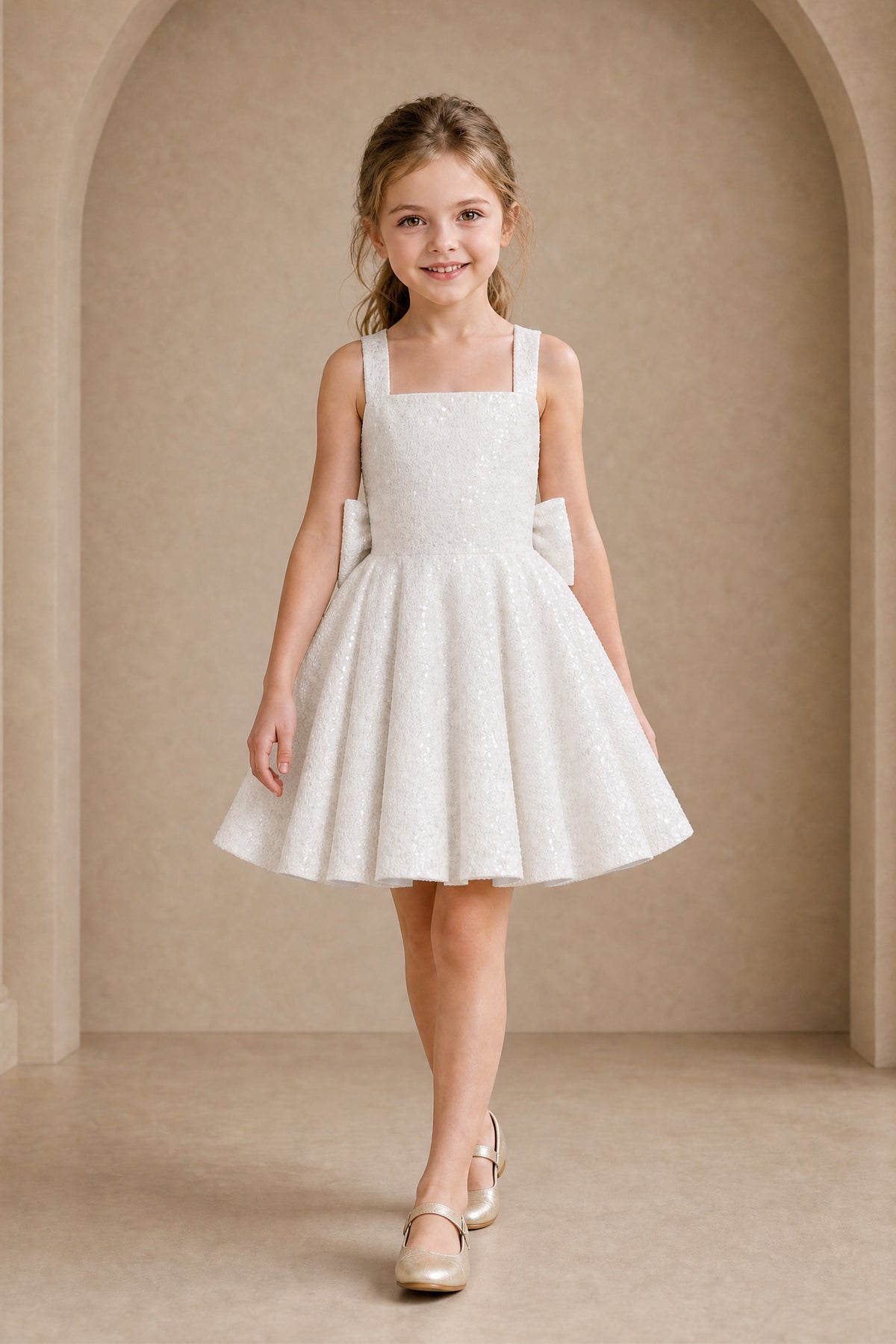 BOLODOO white flower girl dress with covered back and statement back bow, back view
