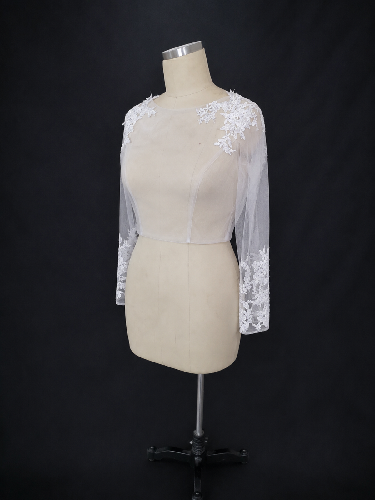 BOLODOO White Floral Lace Long Sleeve Bridal Top with Button Back 