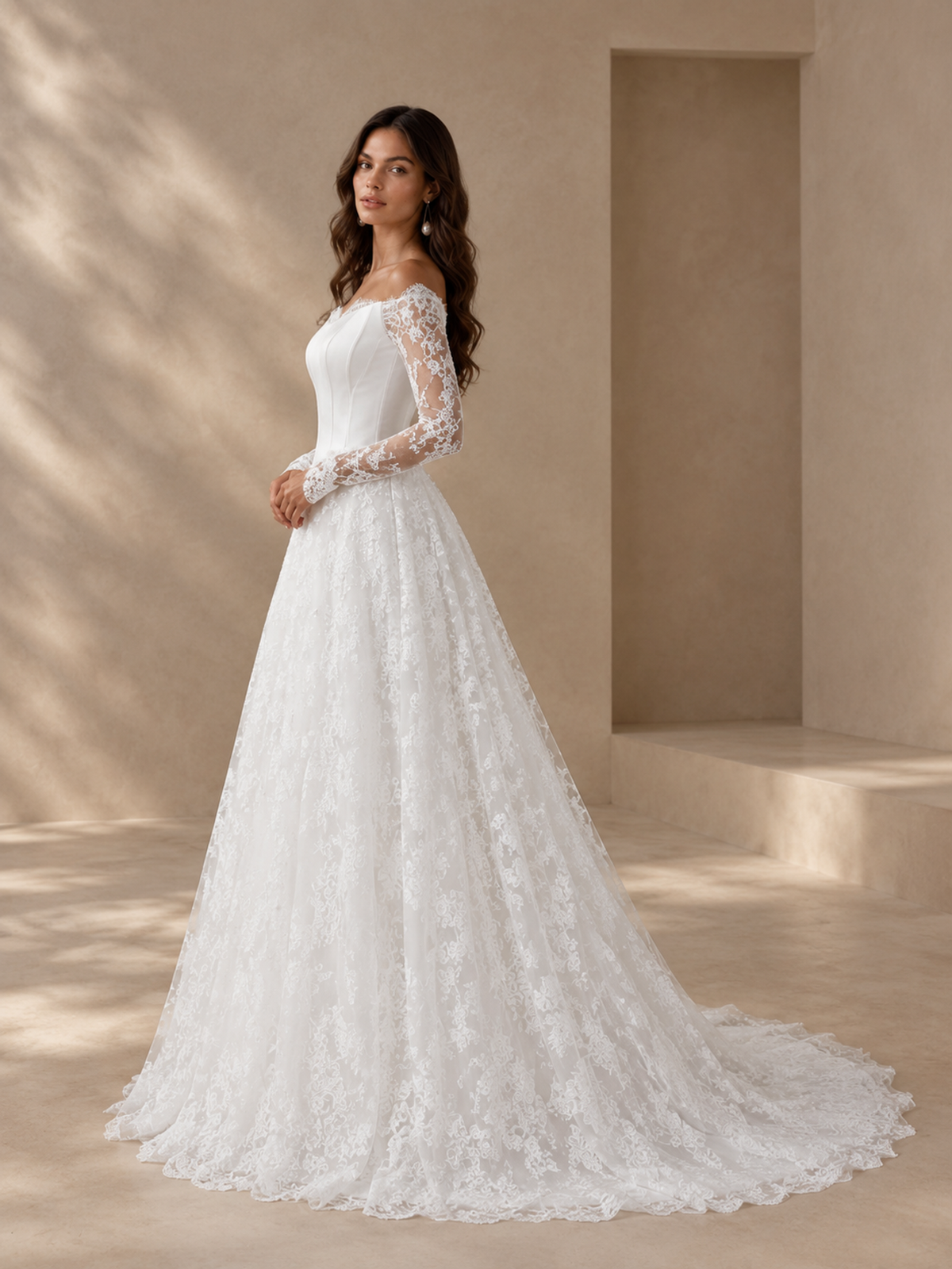 BOLODOO White Off-the-Shoulder Long Sleeve Lace A-Line Wedding Dress 