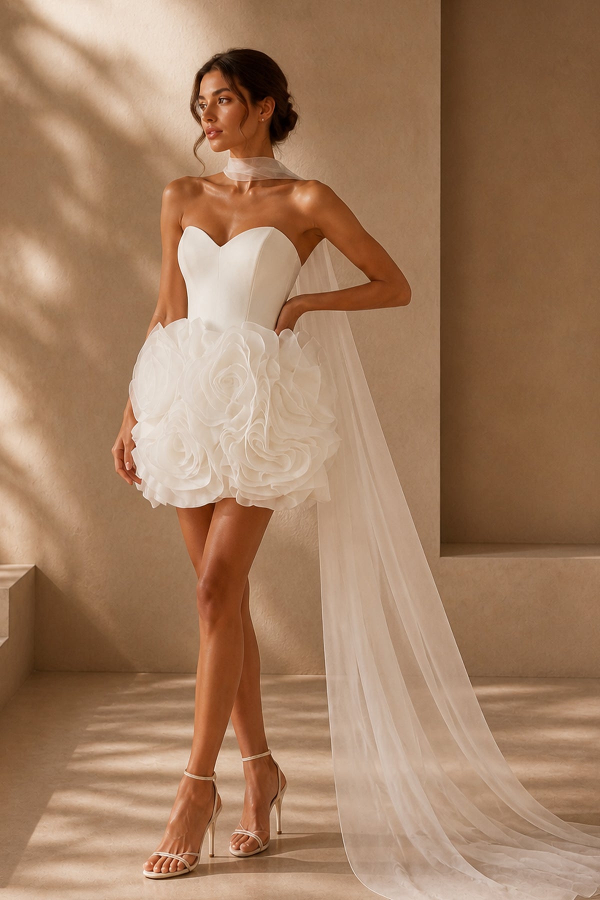 BOLODOO White 3D Rose Organza Strapless Corset Bubble Mini Wedding Dress with Cape Veil - Three-Quarter Front View