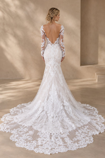 BOLODOO white mermaid wedding dress, rear view showing open V-back and long lace train