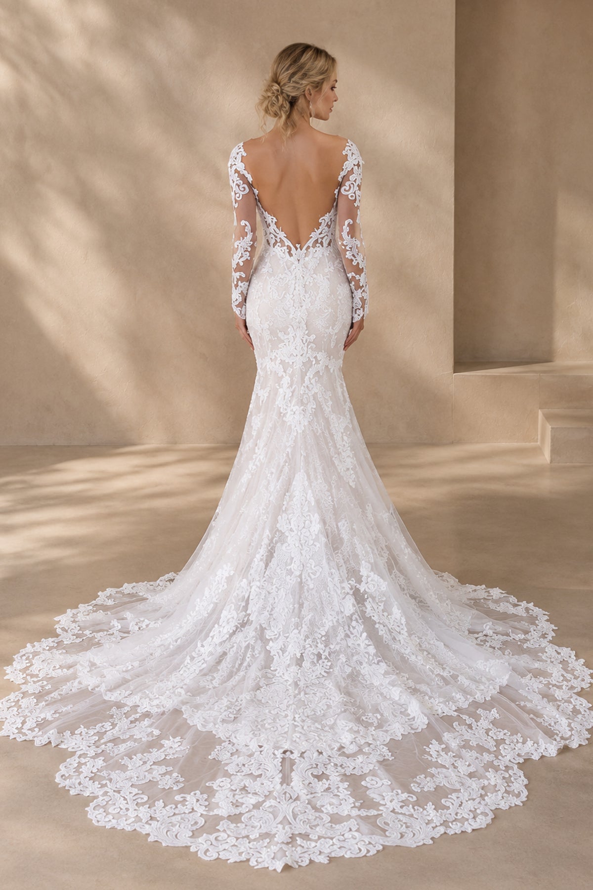 BOLODOO white mermaid wedding dress, rear view showing open V-back and long lace train