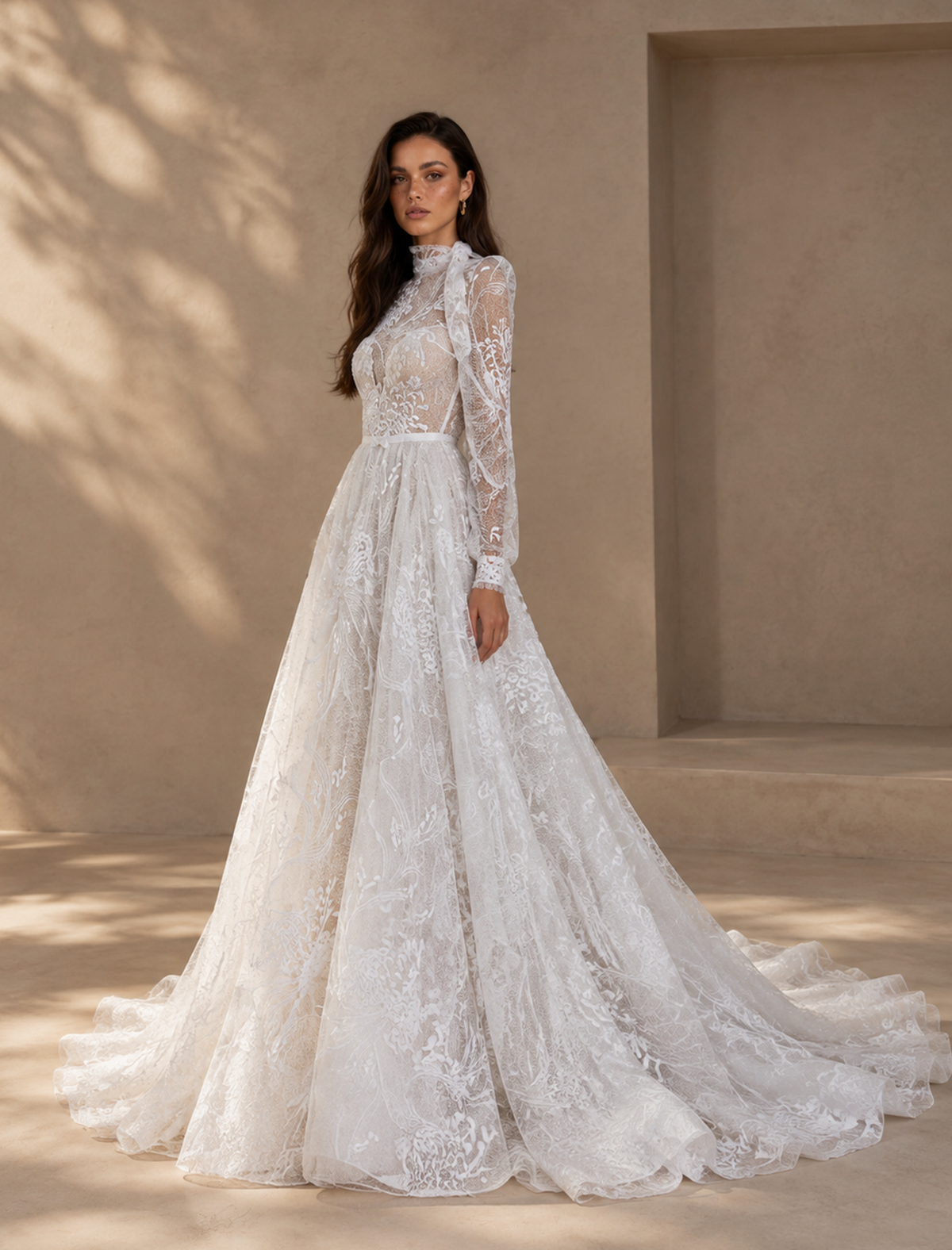 BOLODOO White High Neck Long Sleeve Lace A-Line Wedding Dress with Train 