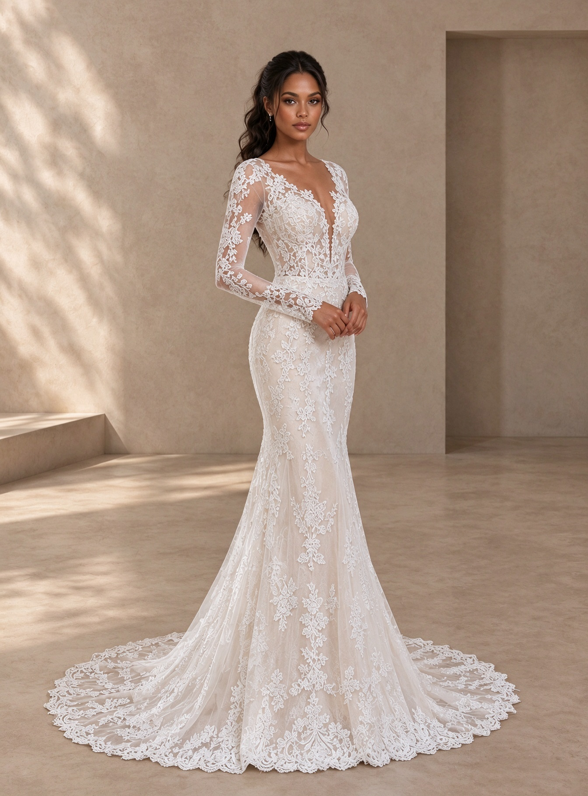 BOLODOO White Long Sleeve Lace Mermaid Wedding Dress with Open Back 