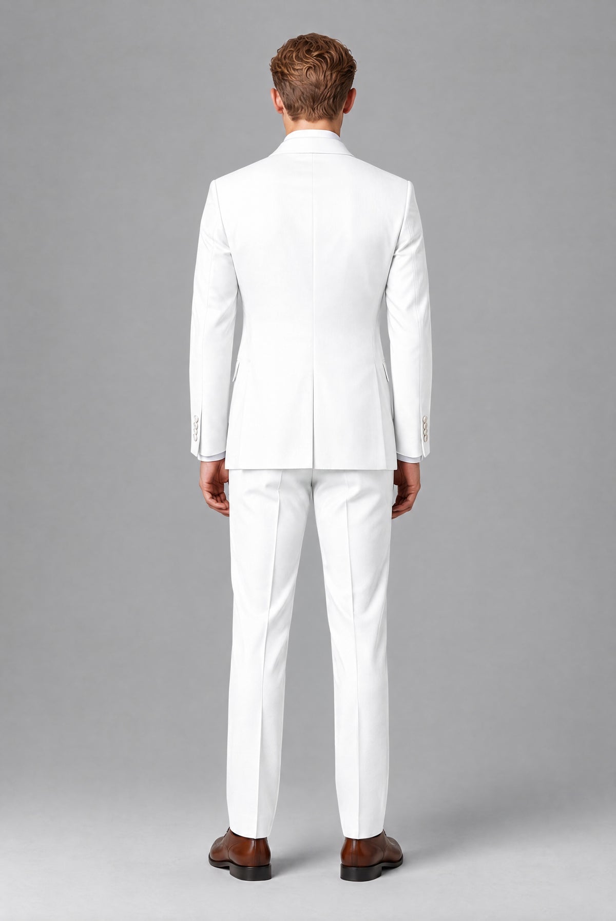 Bolodoo FQ1006 men's white two-piece suit showing jacket back and matching trousers, rear view