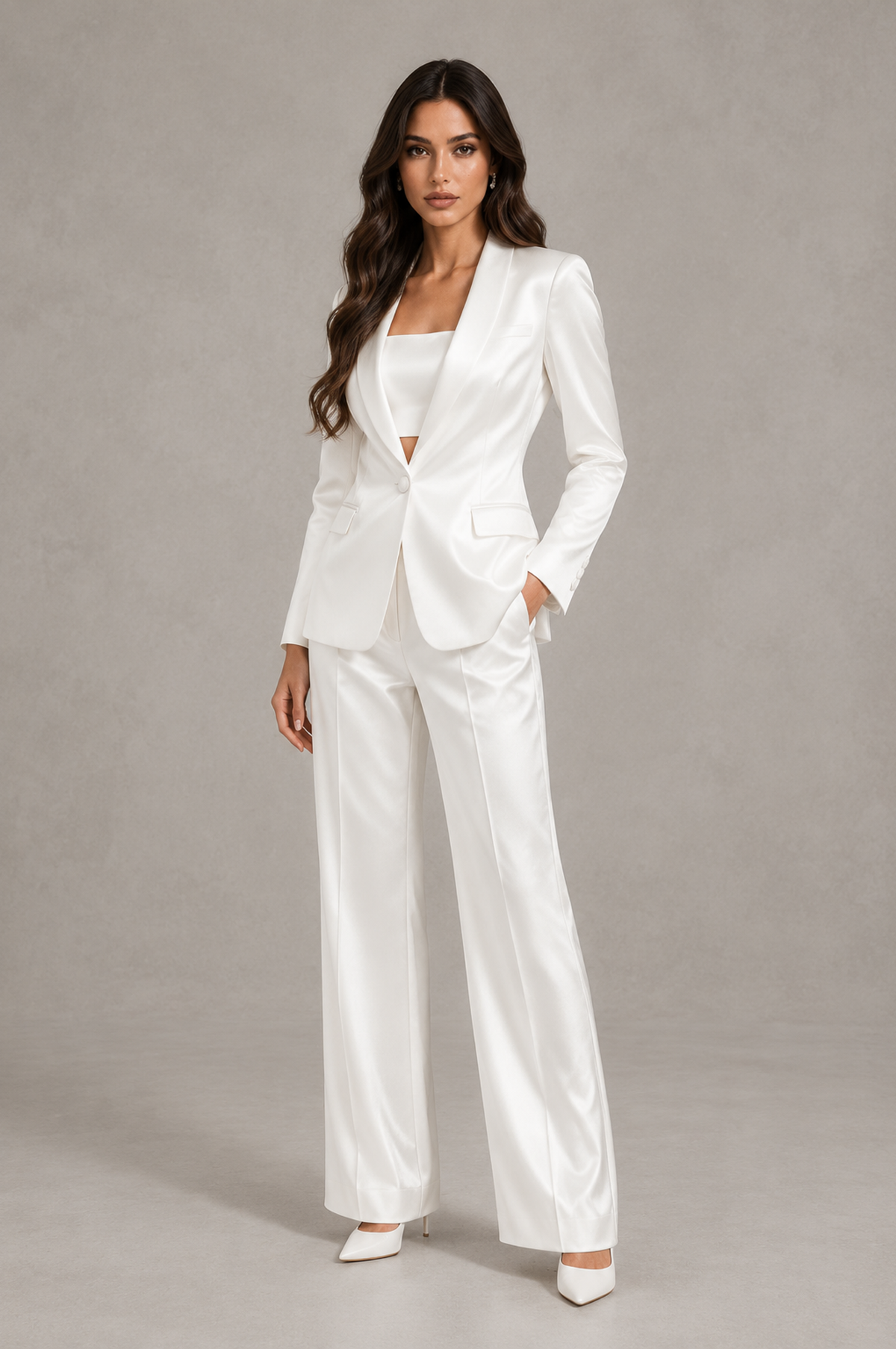 BOLODOO QQ092 white tailored blazer and full-length trousers, three-quarter front view
