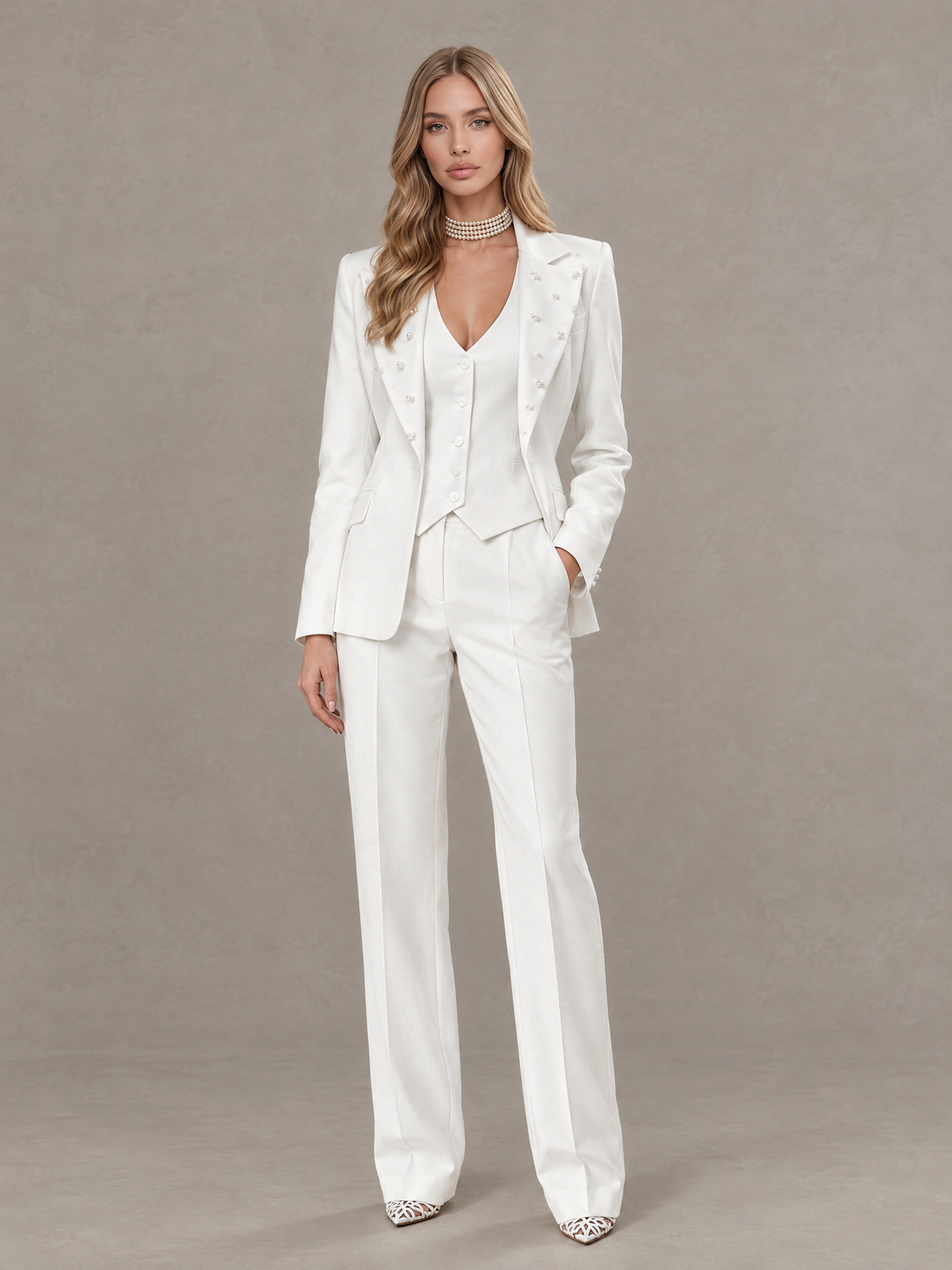 BOLODOO QQ067 white women's three-piece pantsuit front view with blazer, V-neck vest and wide-leg trousers