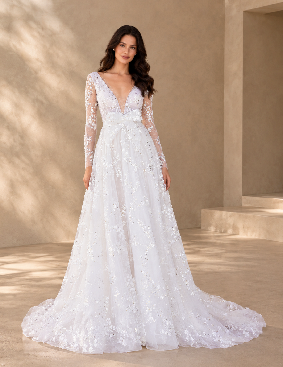 BOLODOO White Floral Lace Long Sleeve A-Line Wedding Dress with V-Back and Train 