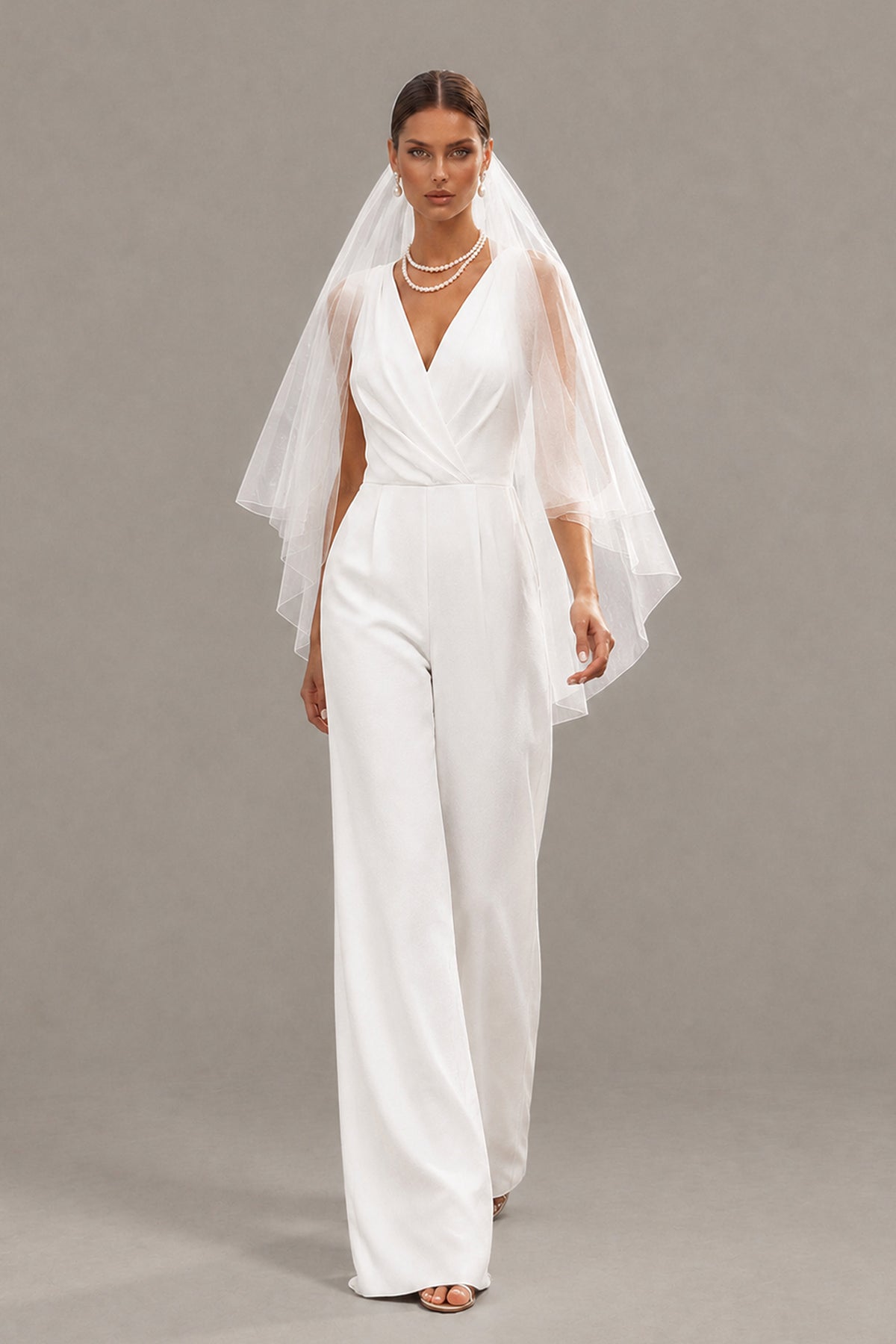 BOLODOO white sleeveless wide-leg bridal jumpsuit front full-length view with V-neckline