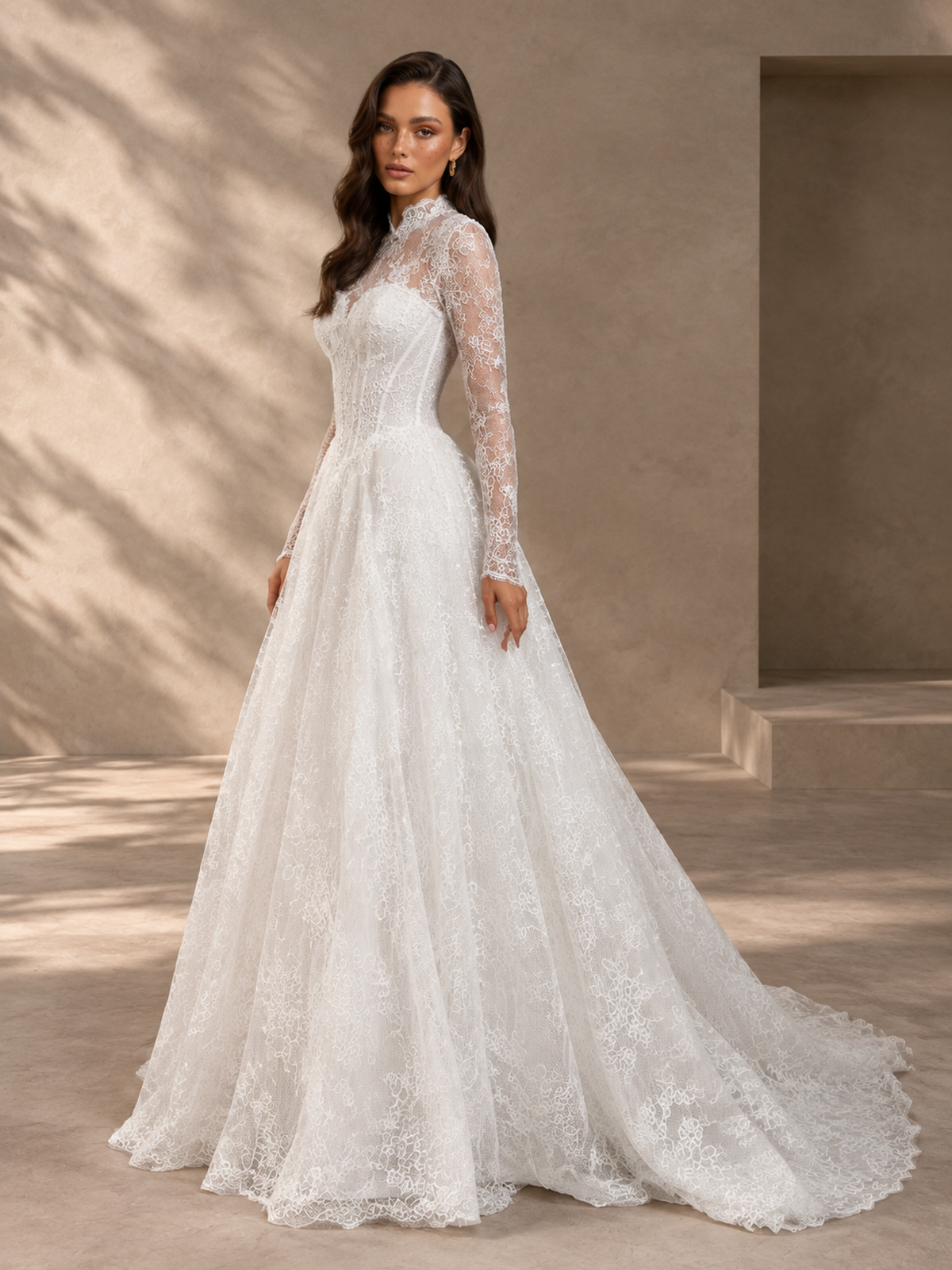 BOLODOO White High Neck Long Sleeve Lace A-Line Wedding Dress with Open Back 