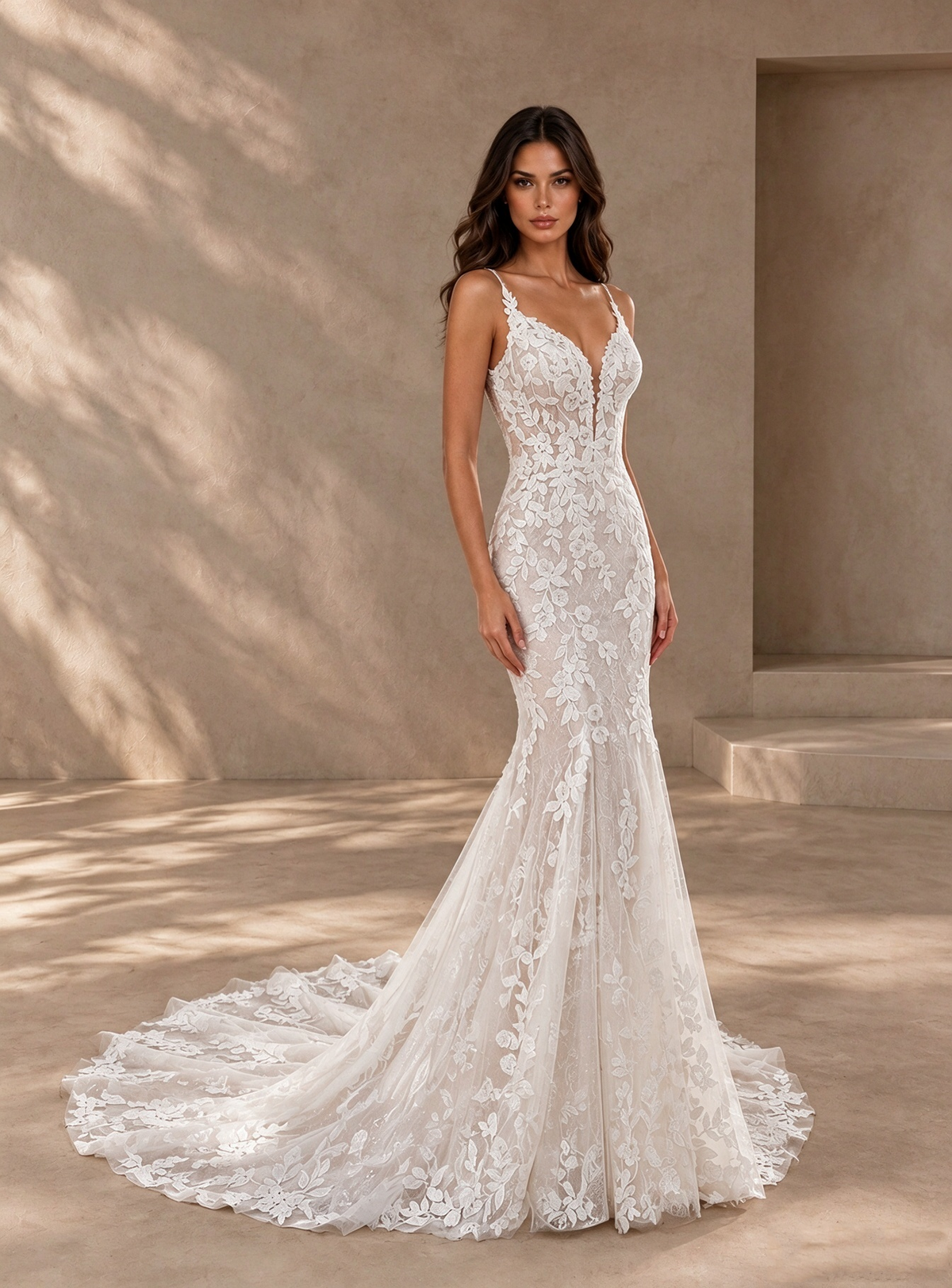 BOLODOO White Floral Lace Mermaid Wedding Dress with Open Back 