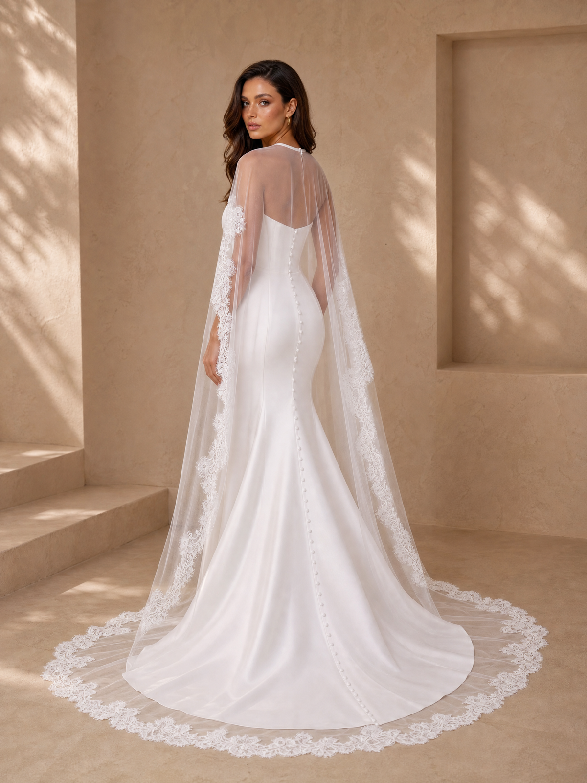 BOLODOO Floral Lace Trim Sheer Bridal Cape Cathedral Length Wedding Cloak 