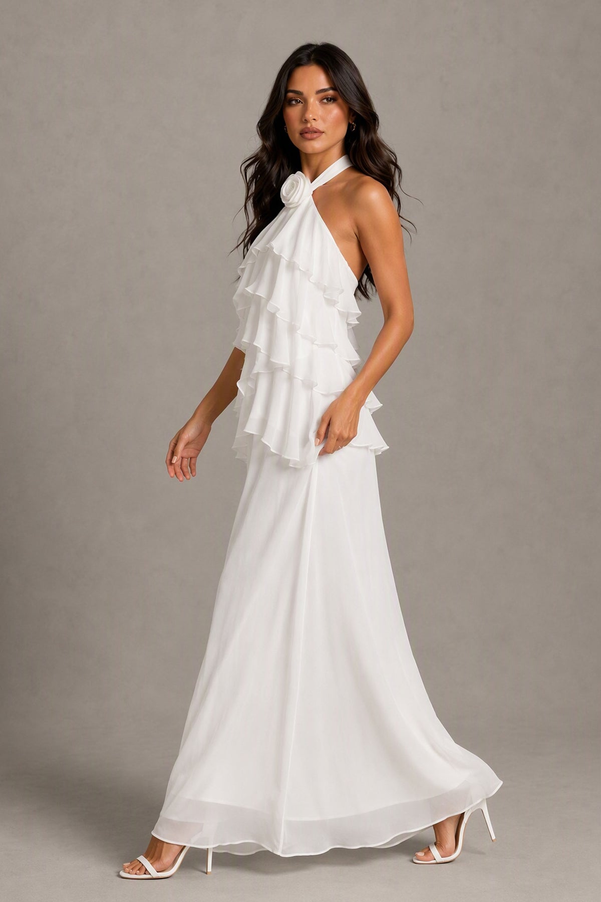 BOLODOO white sleeveless halter maxi dress with cascading ruffles, three-quarter view