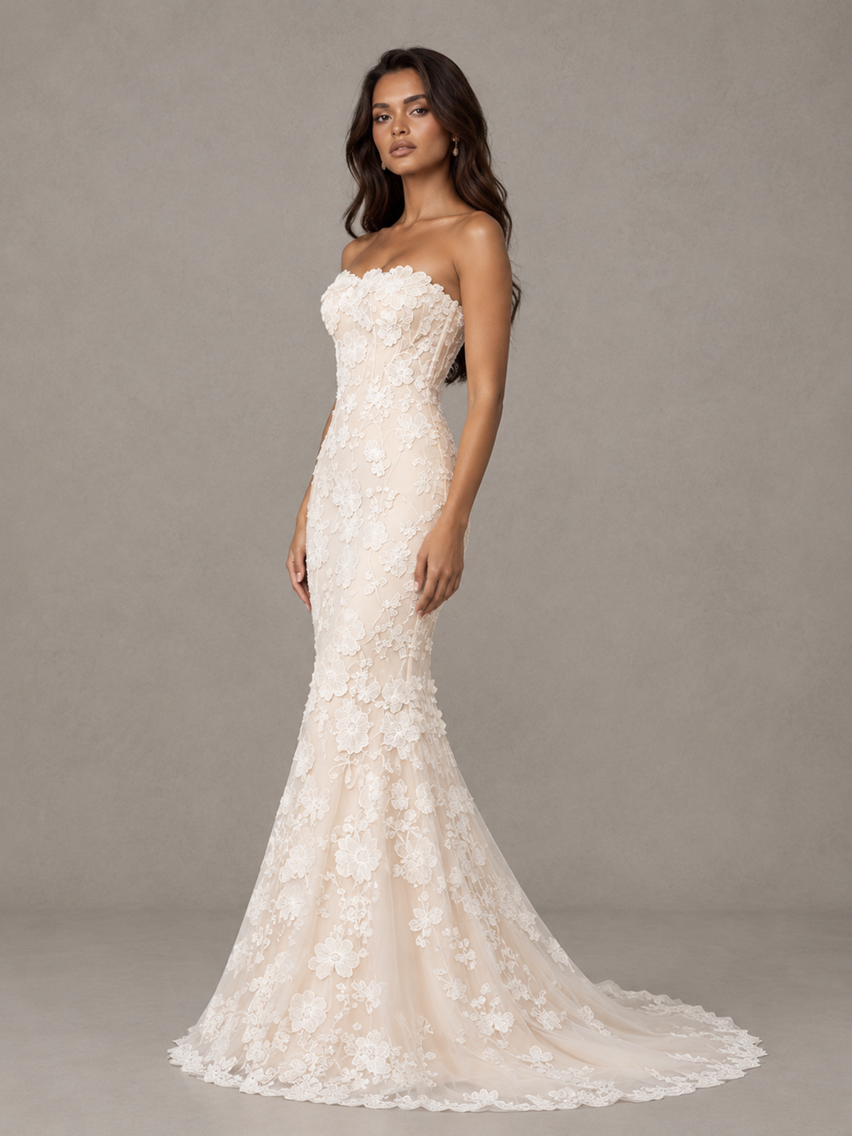 BOLODOO White Strapless 3D Floral Lace Mermaid Prom Dress with Train 
